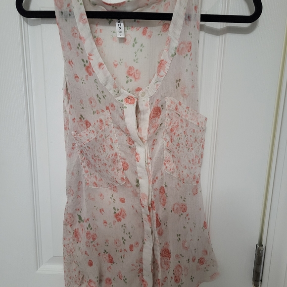 Rvca sheer button up tank with pink roses in two patterns size large - Picture 4 of 7